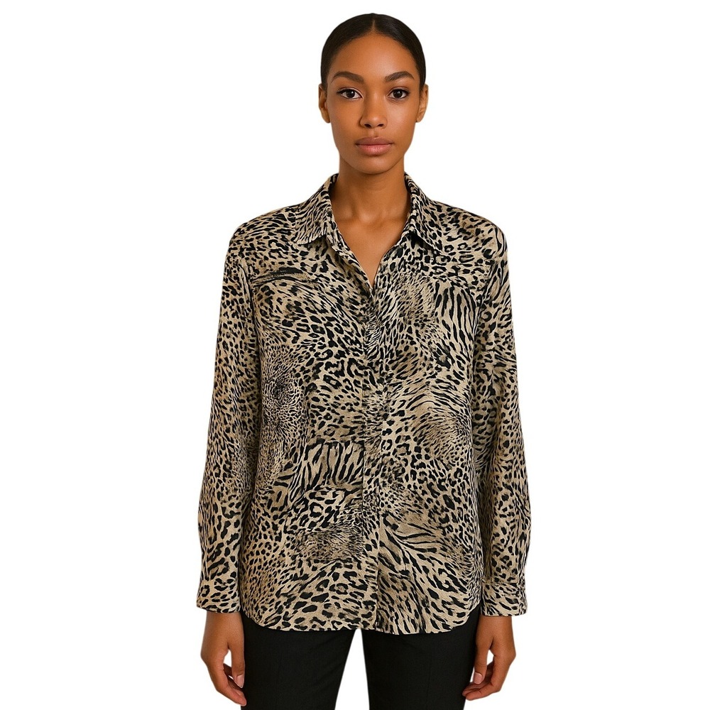 Vintage Panache Silk Animal Print Button‎ Down Shirt Leopard Zebra Print